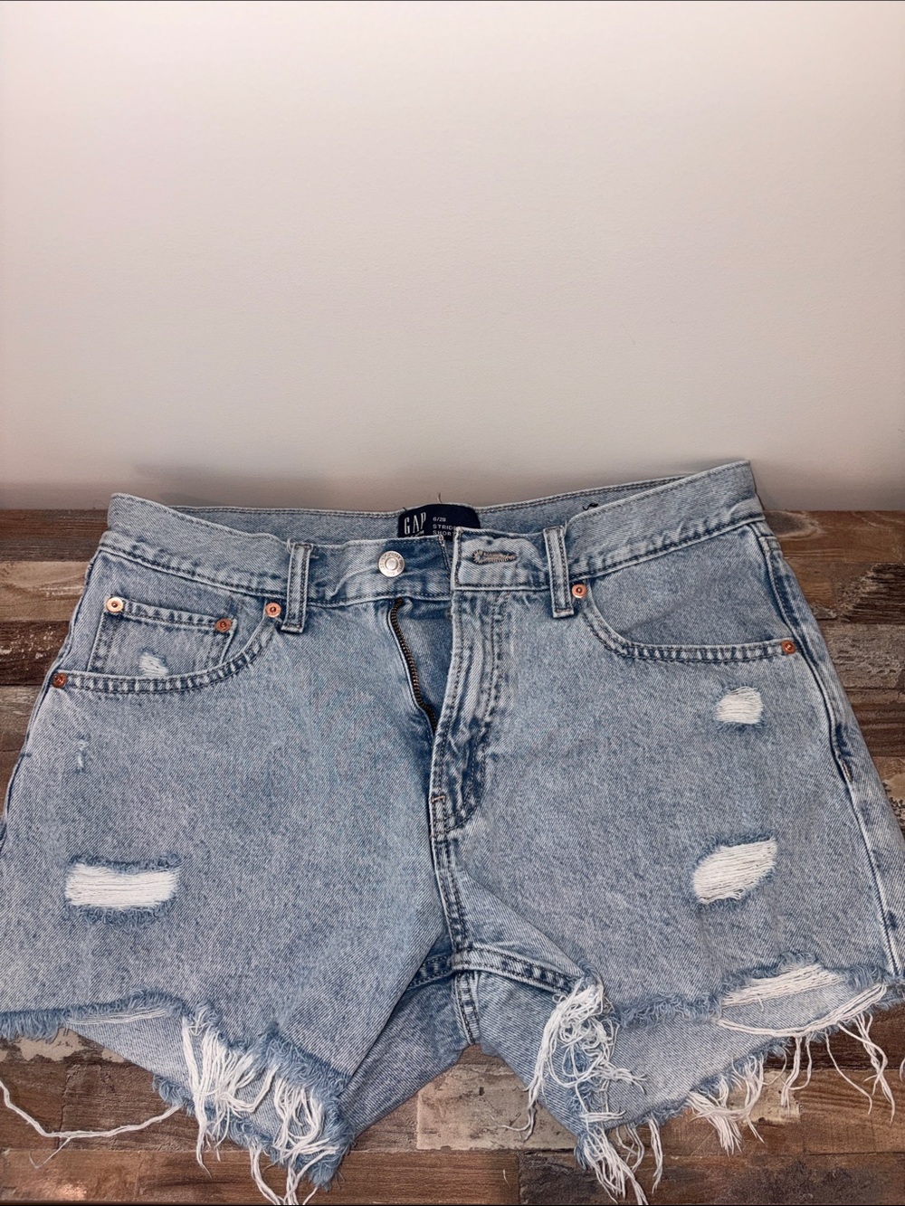 GAP Light Blue High-Rise Distressed Denim Shorts